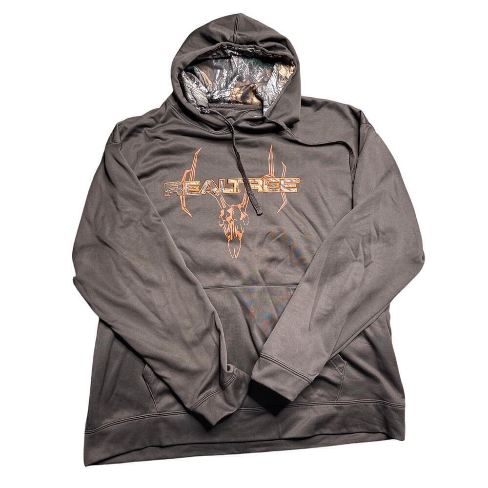 Men’s XL RealTree Hoodie, Gray with Orange Logo & Camo Hood Lining